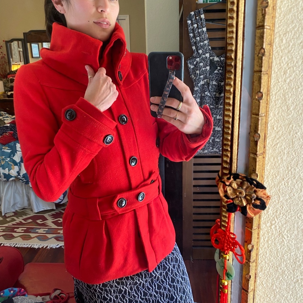 H&M red thick winter coat with zip and button high neck